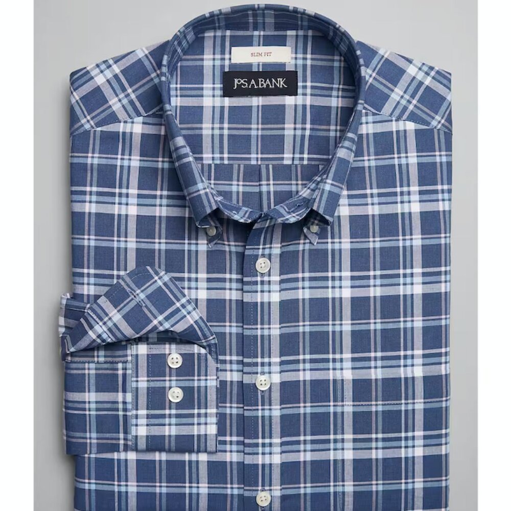 Jos. A. Bank Slim Fit Button Down Collar Long Island Plaid Sportshirt- pink